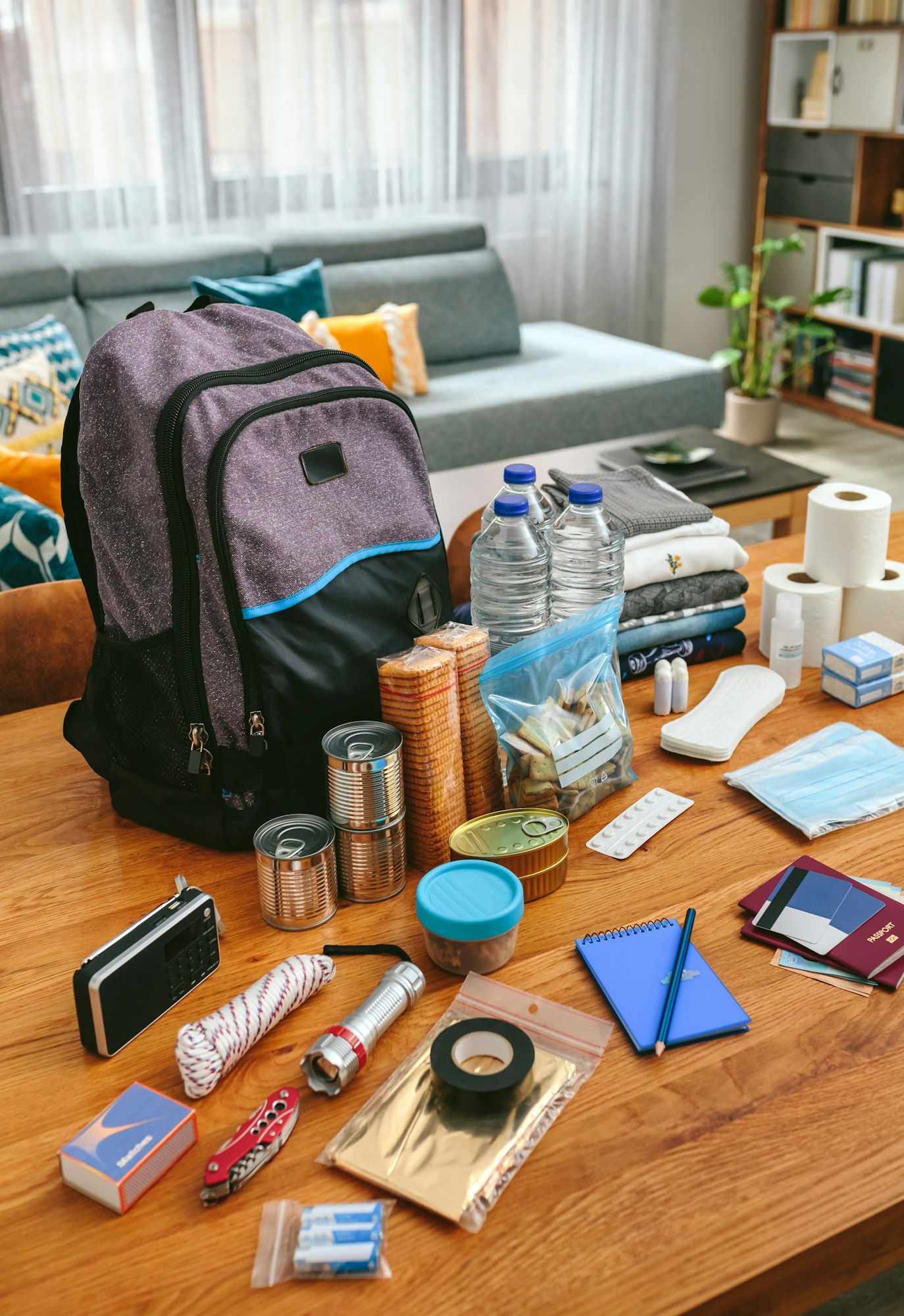 Emergency backpack equipment organized on the table