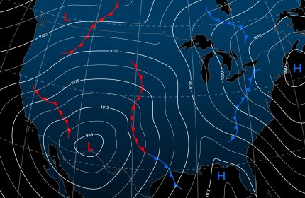 Forecast weather isobar night map of Northern America, meteorology wind fronts vector diagram. North America map with weather forecast and temperature isobar with pressure and wind charts