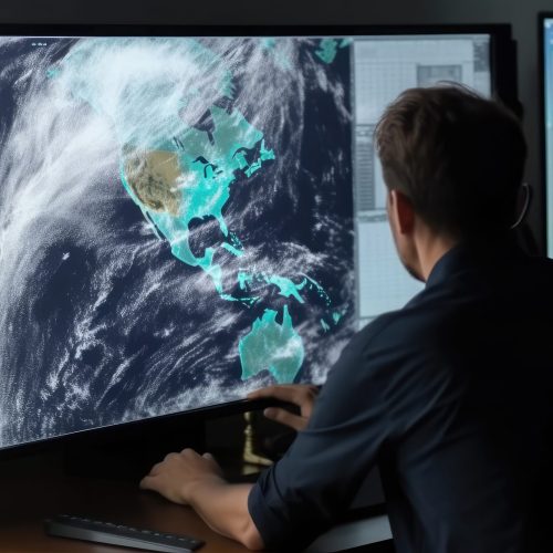 Meteorologist monitoring weather forecast at monitor screen. Workplace in meteorological department. Created with Generative AI